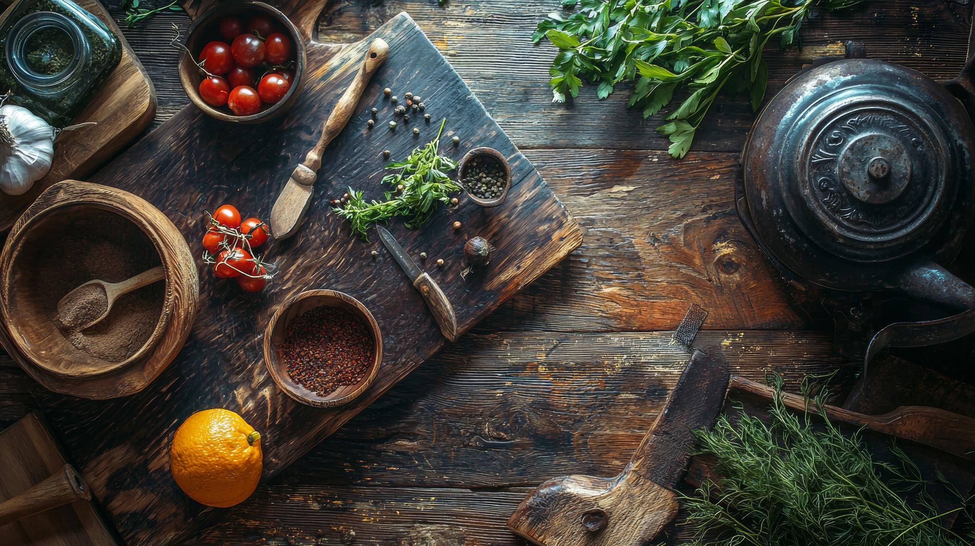 Rustic kitchen with cooking tools and herbs