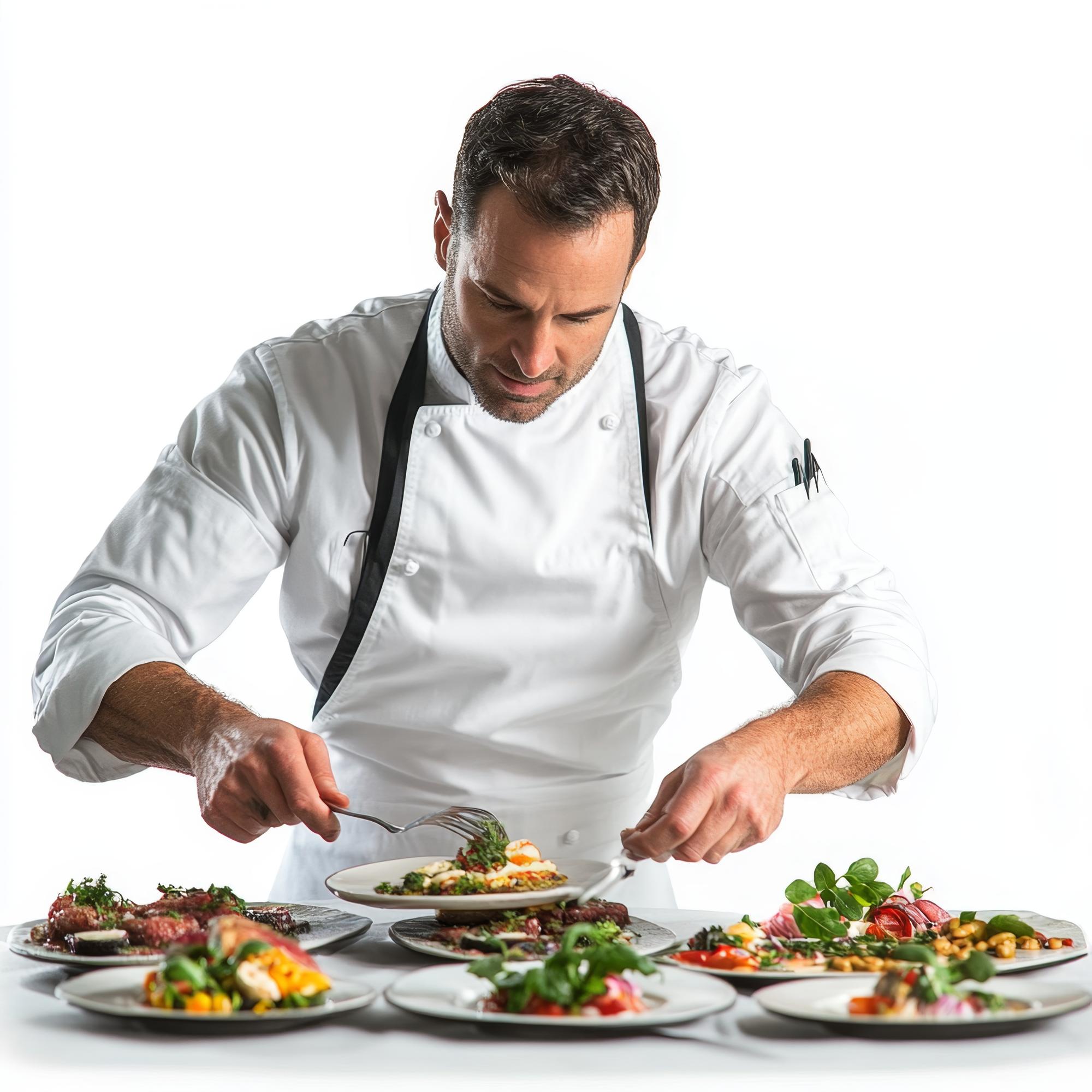 Chef arranging plated dish on wooden table